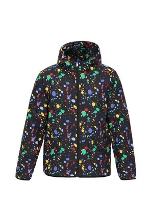 Giacca nera con cappuccio e cerniera frontale, decorata con un motivo di schizzi di vernice colorati in rosso, giallo, verde e blu.