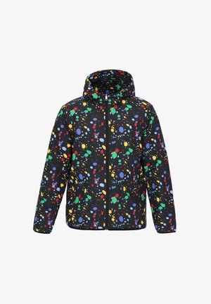 Zwarte hoodie met voorrits, bedekt met een kleurrijk patroon van verfspetters in rood, geel, groen en blauw.