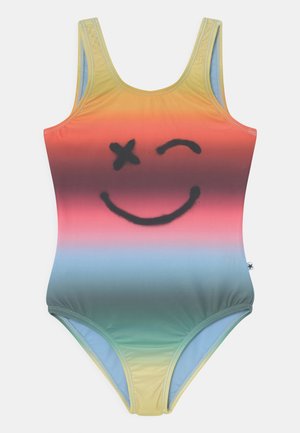 Jednodielne plavky s prechodom žltej, oranžovej, ružovej a tyrkysovej. Dizajn čierneho usmievajúceho sa tváre, hlboký výstrih a široké ramienka.