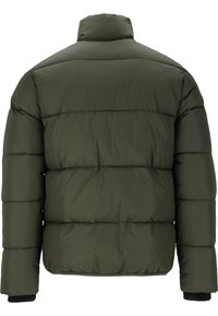 Olivengrøn pufferjakke, quiltet design, høj krave, elastiske manchetter og kant. Blødt materiale med en glat, vandafvisende overflade.