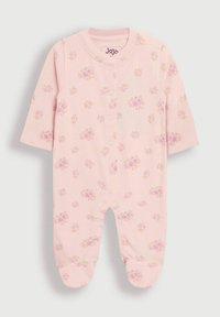 Tutina per neonati in cotone rosa con maniche lunghe, motivo floreale in viola chiaro, scollatura rotonda, bottoni a scatto sul davanti e design con piedi.