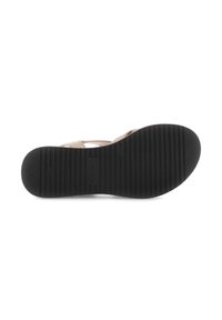 Black rubber sole with ridged texture and engraved brand name. Upper made of light-colored synthetic straps in a minimalist design.