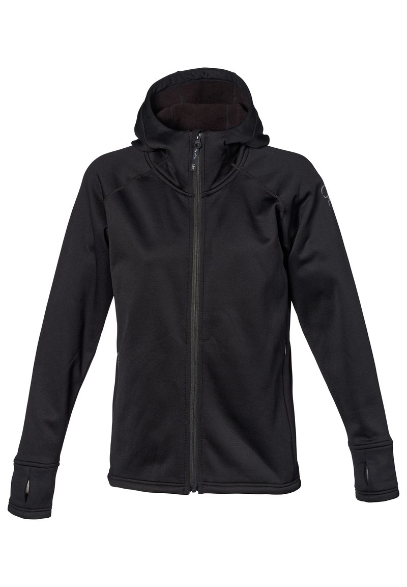 Sort zip-up hoodie lavet af blødt stof, med hætte, lange ærmer og tommelfingerhuller ved manchetterne. Enkel design uden mønstre eller accenter.