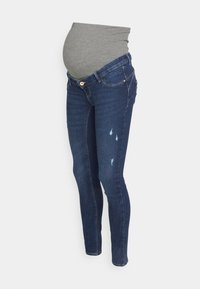 Jeans de maternidad en denim azul oscuro con una cinturilla elástica gris, con detalles desgastados en la parte frontal y un diseño ajustado.