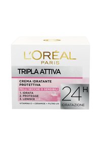 Crema idratante Tripla Attiva di L'Oréal Paris in scatola bianca con dettagli in oro e rosa. Contiene filtro UV, vitamina E e ceramidi, etichettata per pelli secche/sensibili.