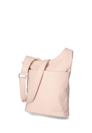 Zachte roze leren crossbodytas met verstelbare band en subtiel geperst merklabel op de voorkant in de onderste hoek.