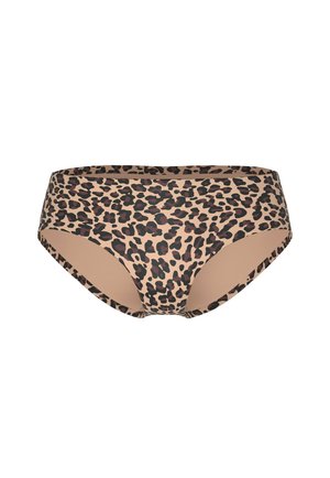 Beige en bruine damesbikini broekjes met luipaardprint, lage taille en volledige bedekking.