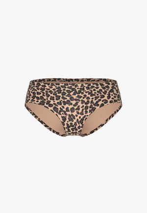 Beige en bruine damesbikini broekjes met luipaardprint, lage taille en volledige bedekking.