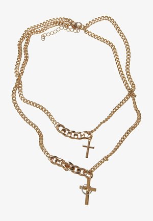 Gouden laagjes ketting met twee kruisbedels, verschillende schakels, een gepolijste afwerking en een sluiting.