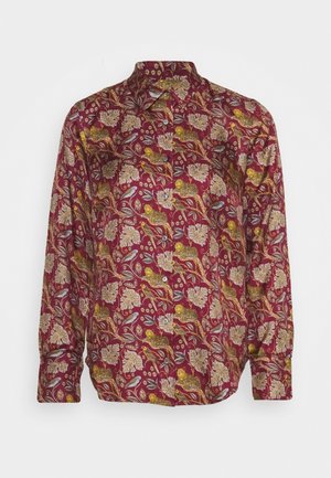 Overhemd met lange mouwen en knopen, met een bordeauxrode basis, bedrukt met gouden en beige luipaarden, bladeren en bloemmotieven.