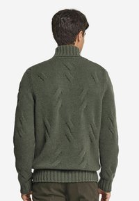 Grön texturerad tröja med hög krage, med ett kabelstickat mönster och ribbad nederkant och ärmslut. Varmt stickat material, bakvy visas.