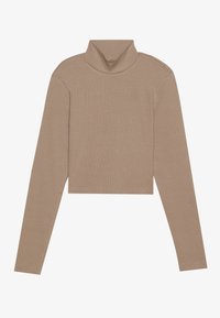 Brun ribbet genser med langt erme og høy hals i en kort design, med en tettsittende silhuett. Mykt, elastisk materiale.