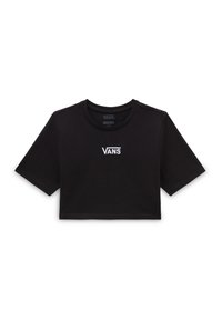 Sort cropped t-shirt lavet af bomuld med korte ærmer. Har en hvid "VANS" logo broderet på forsiden. Enkel design og standard rund halsudskæring.