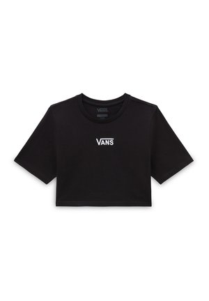 T-shirt noir court en coton avec des manches courtes. Doté d'un logo "VANS" brodé en blanc sur le devant. Design simple et encolure ras du cou standard.