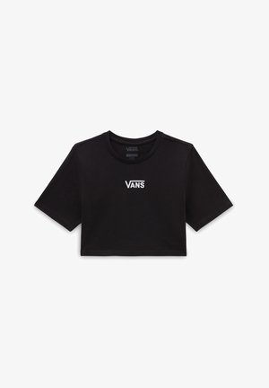 Zwarte cropped t-shirt van katoen met korte mouwen. Bevat het witte "VANS" logo geborduurd op de voorkant. Eenvoudig ontwerp en standaard ronde hals.