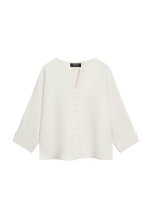 Hvid bluse med lange ærmer, V-formet slids og en række dækkede knapper på midten, med løs pasform og minimalistisk design.