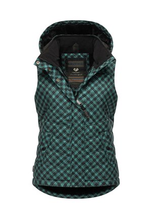Padded vest with a teal and black geometric pattern, featuring a hood, zip closure, and side pockets. Soft interior lining visible.