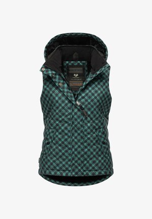 Gilet rembourré avec un motif géométrique teal et noir, doté d'une capuche, d'une fermeture éclair et de poches latérales. Doublure intérieure douce visible.
