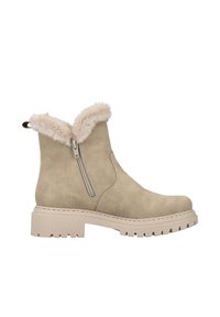 Botte de cheville beige avec un col en fausse fourrure, zip sur le côté et semelle en caoutchouc épaisse avec un motif texturé et des détails de couture.
