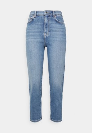 Blå, lige denimjeans med høj talje, for- og baglommer, knap- og lynlåslukning foran samt let falmede detaljer.
