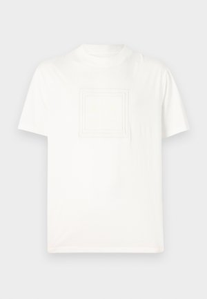 Weißes T-Shirt mit kurzen Ärmeln aus glattem Baumwollstoff, mit einem strukturierten quadratischen Logo auf der Vorderseite. Rundhalsausschnitt und lässige Passform.