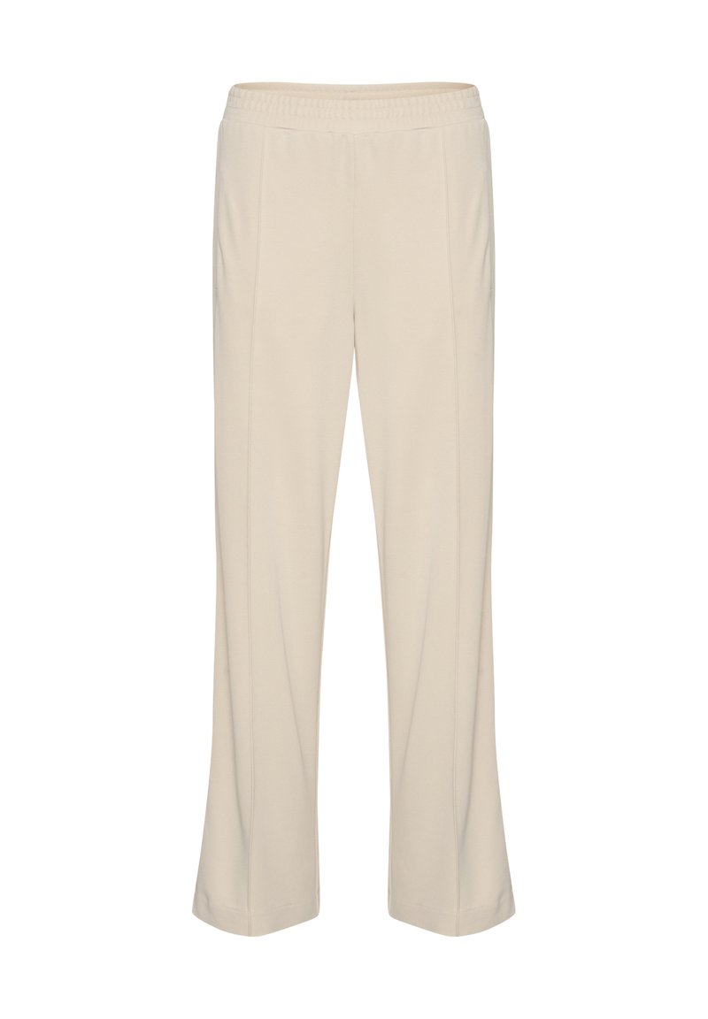 Beige, elastische Bundhose mit geradem Schnitt. Glatte Textur, ohne Muster, mit zwei vertikalen Nahtdetails an der Vorderseite.