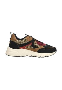 Sport sneakers with a mix of black, brown, and red materials. Textured leopard print accent on the sides, cushioned white outsole.
