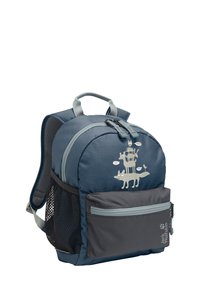Sac à dos pour enfants bleu marine avec motif animal, comprenant une poche latérale en maille, une poche avant grise, une fermeture à double zip et des bretelles rembourrées.