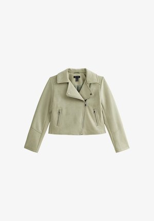 Veste courte vert clair avec fermeture éclair asymétrique à l'avant, large col et deux poches verticales zippées.