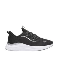 Sneaker sportivo nero con logo Puma bianco, lacci a fantasia, tomaia in mesh e suola spessa bianca, mostrato in profilo laterale su sfondo bianco.