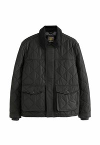 Black quilted jacket with a collar, featuring two front pockets, snap closures, and contrasting piping along the seams and pockets.