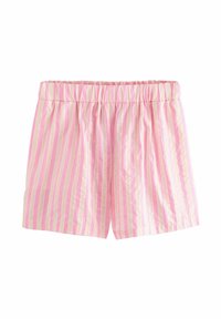 Shorts rayés rose et crème avec une taille élastique et un tissu léger. Dispose de lignes verticales et d'un design décontracté.