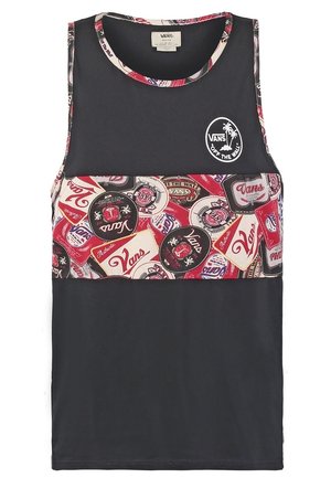 Czarna bezrękawnikowa koszulka Vans z wielokolorowymi naszywkami z logo Vans na piersi i obszyciem kołnierzyka, emblemat Vans „Off The Wall” na górnej lewej stronie.