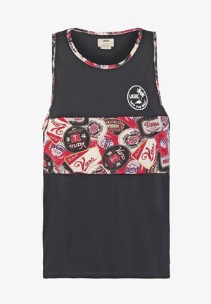 Czarna bezrękawnikowa koszulka Vans z wielokolorowymi naszywkami z logo Vans na piersi i obszyciem kołnierzyka, emblemat Vans „Off The Wall” na górnej lewej stronie.