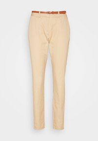 Beige chino's met een rechte pijp, uitgevoerd in een zachte stoftextuur en voorzien van een lichtbruine leren riem. Eenvoudige en gestroomlijnde uitstraling.