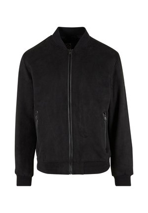 Black bomber jacket made of soft suede-like material, featuring a front zipper, side zip pockets, and ribbed cuffs and hem.