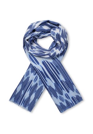 Écharpe légère à motifs bleus et blancs avec des rayures verticales abstraites et irrégulières, présentée pliée sur fond blanc.