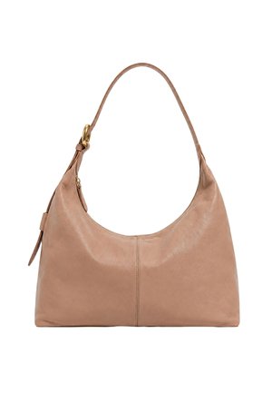 Borsa a tracolla in pelle marrone chiaro con una tracolla singola, chiusura con zip e dettaglio ad anello dorato sul lato.