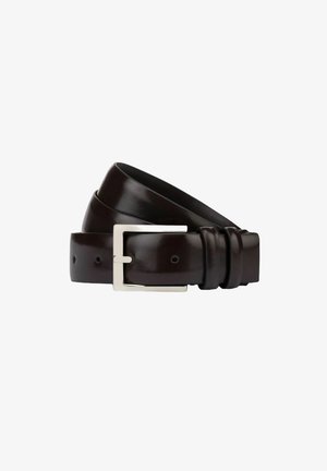 Cintura in pelle marrone con una fibbia argentata lucida, caratterizzata da una superficie liscia e numerosi fori per la regolazione, progettata per una vestibilità sicura.