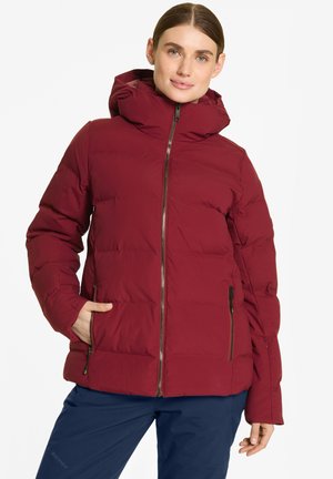 Veste matelassée bordeaux avec un col montant, fermeture éclair frontale intégrale, poches latérales et une finition lisse. Dotée d'une capuche amovible pour plus de polyvalence.