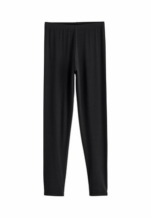 Schwarze Leggings aus elastischem Stoff, mit einem elastischen Bund und einer einfachen, glatten Textur ohne Muster oder Akzente.