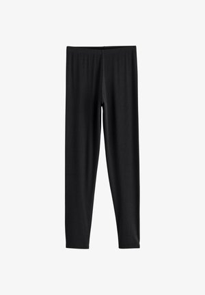Leggings noirs en tissu extensible, dotés d'une taille élastique et d'une texture simple et lisse sans motifs ni accents.