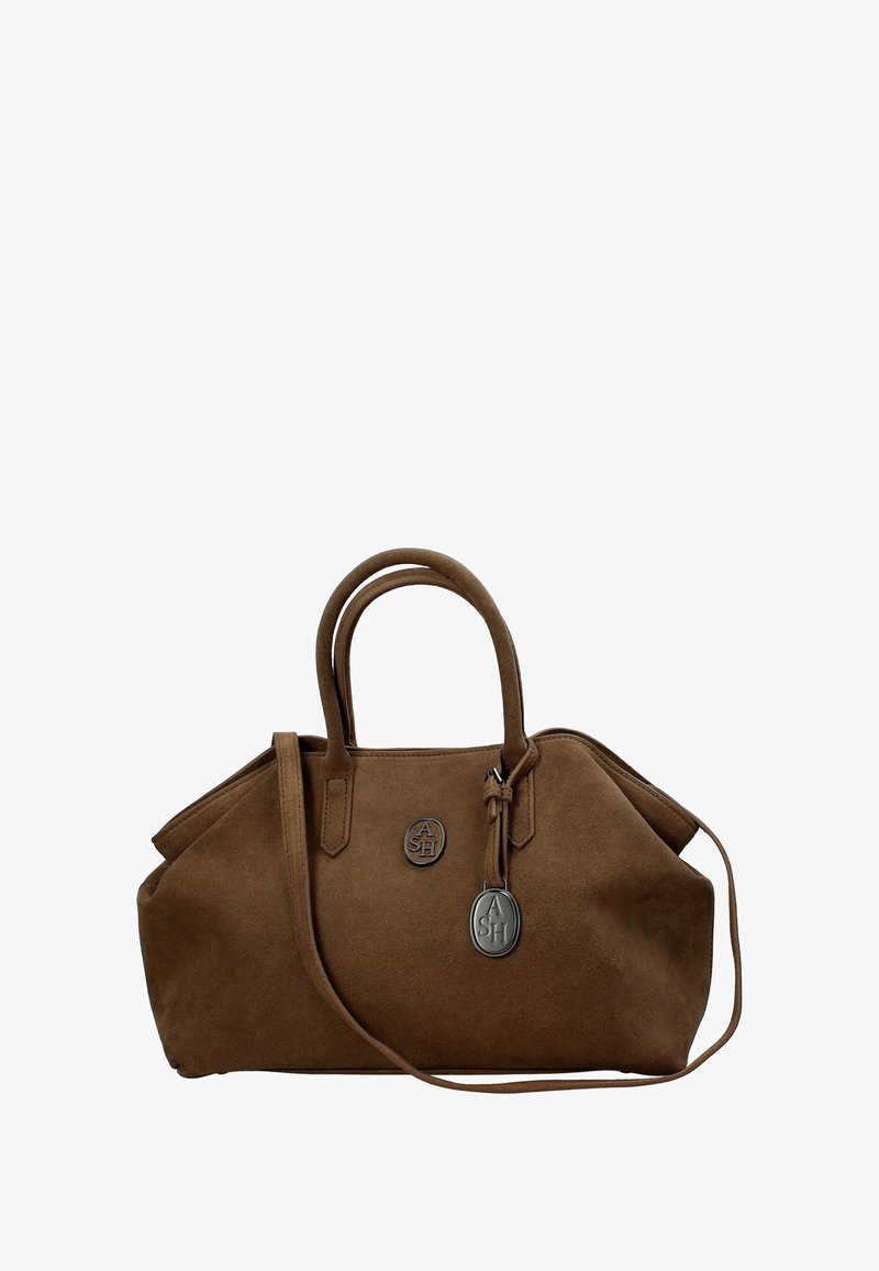 Borsa a tracolla in camoscio marrone con doppi manici, una tracolla lunga e placchette metalliche con il logo "ASH" sul davanti.