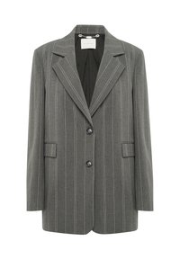 Blazer grigio a righe in tessuto strutturato, con rever a scollatura, due bottoni e due tasche frontali.
