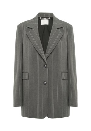 Blazer grigio a righe in tessuto strutturato, con rever a scollatura, due bottoni e due tasche frontali.
