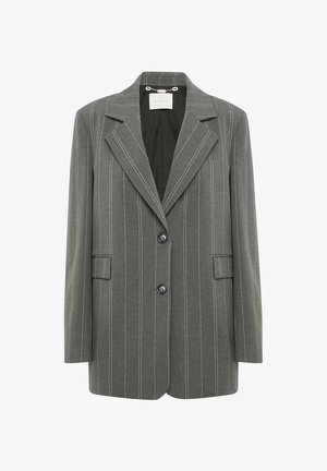 Blazer gris à rayures fines en tissu texturé, avec un col cranté, deux boutons et deux poches avant.