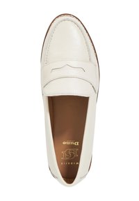 White leather slip-on shoe with a rounded toe, decorative stitching detail, and a brown rubber sole. Interior features gold branding.
