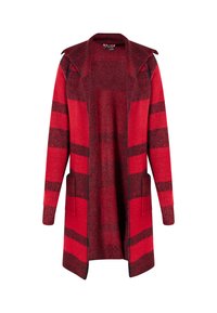 Röd och svart randig cardigan med långa ärmar, öppen framsida, två sidofickor och texturerad stickad tyg. Har en kragefri design.