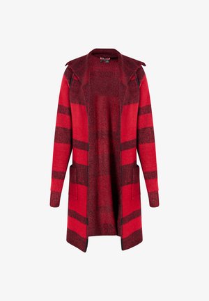 Red and black striped cardigan with long sleeves, open front, two side pockets, and textured knit fabric. Features a collarless design.