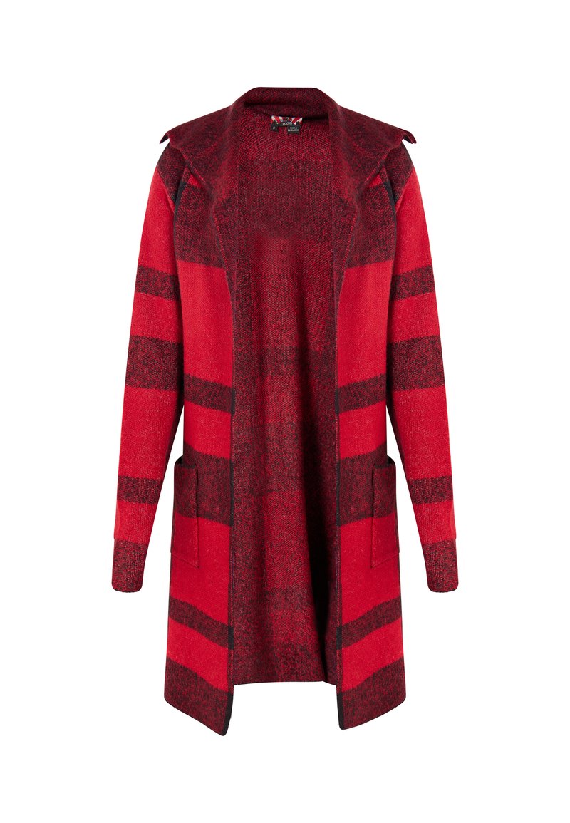 Röd och svart randig cardigan med långa ärmar, öppen framsida, två sidofickor och texturerad stickad tyg. Har en kragefri design.